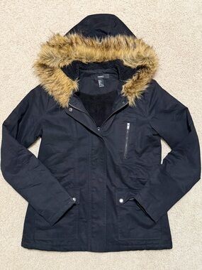 Forever 21 Black Hooded Parka with Faux Fur Trim